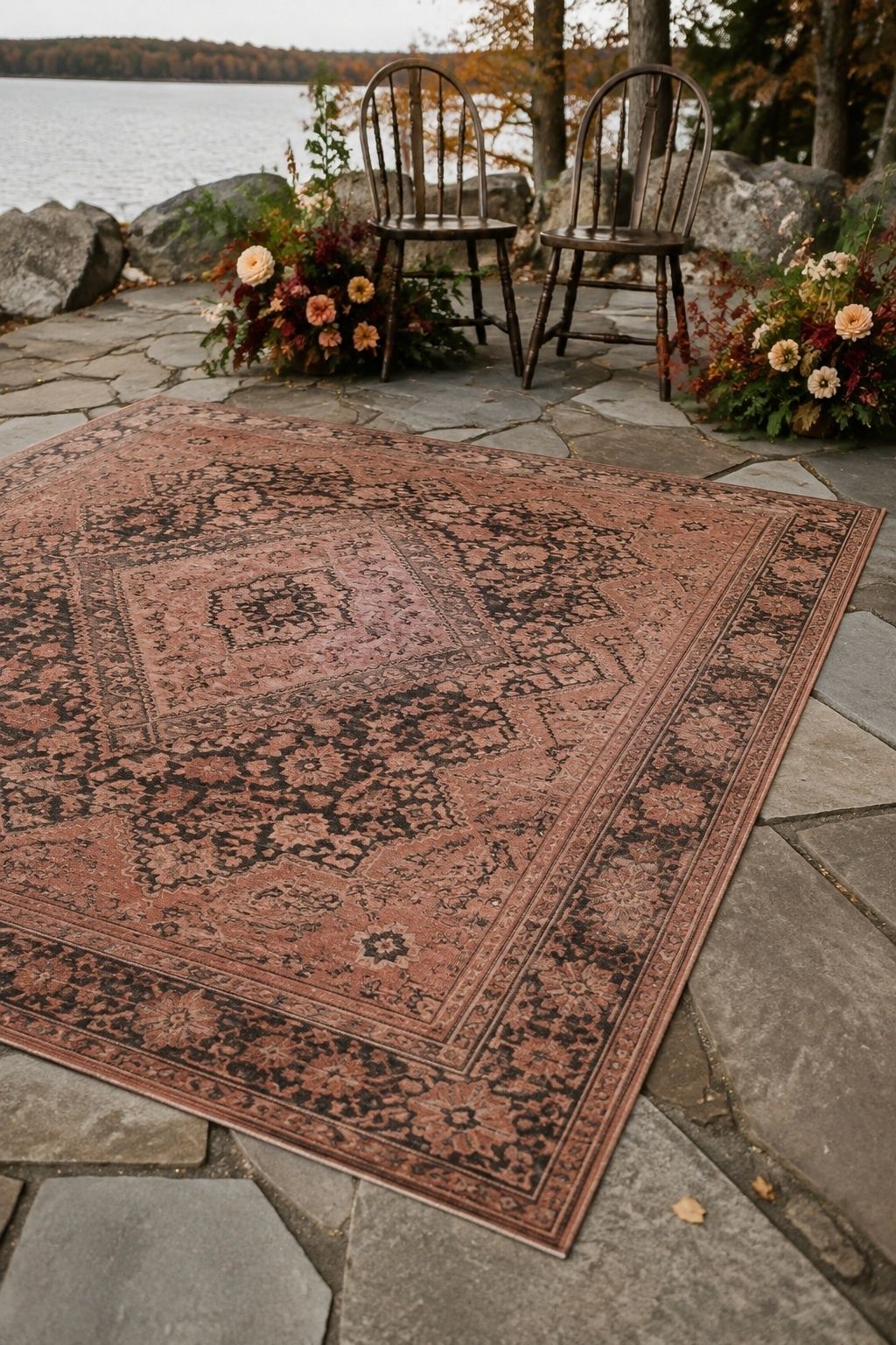 Flat patterned ceremony rug on a dry stone patio