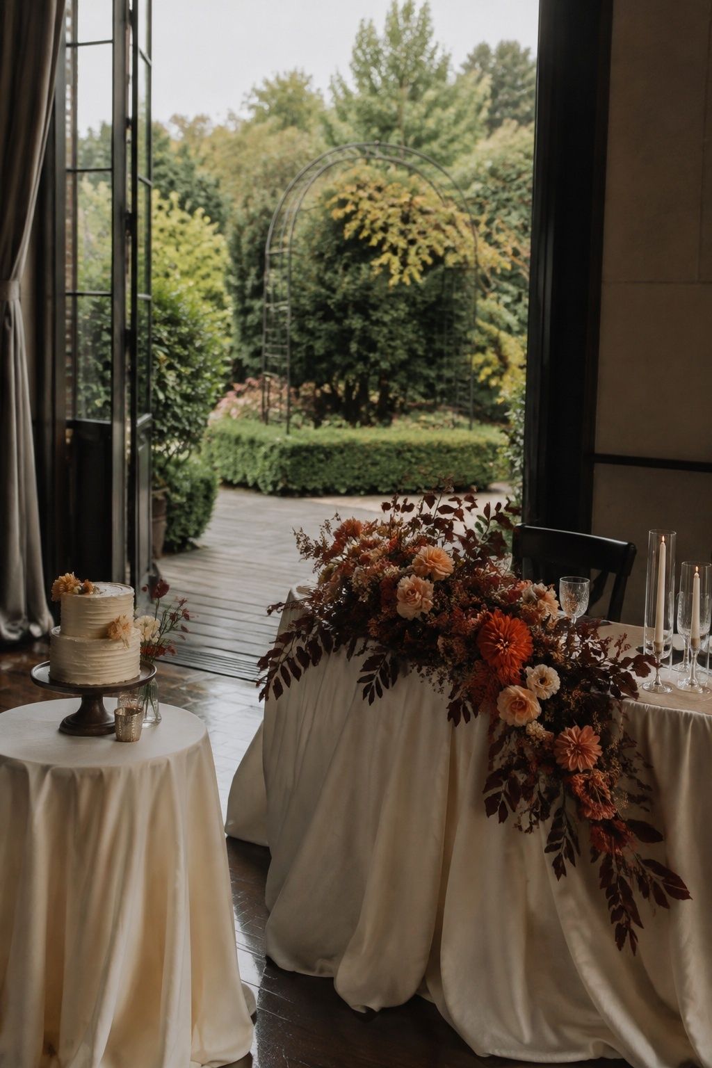 Autumn arch flowers reused on a sweetheart table beside a cake