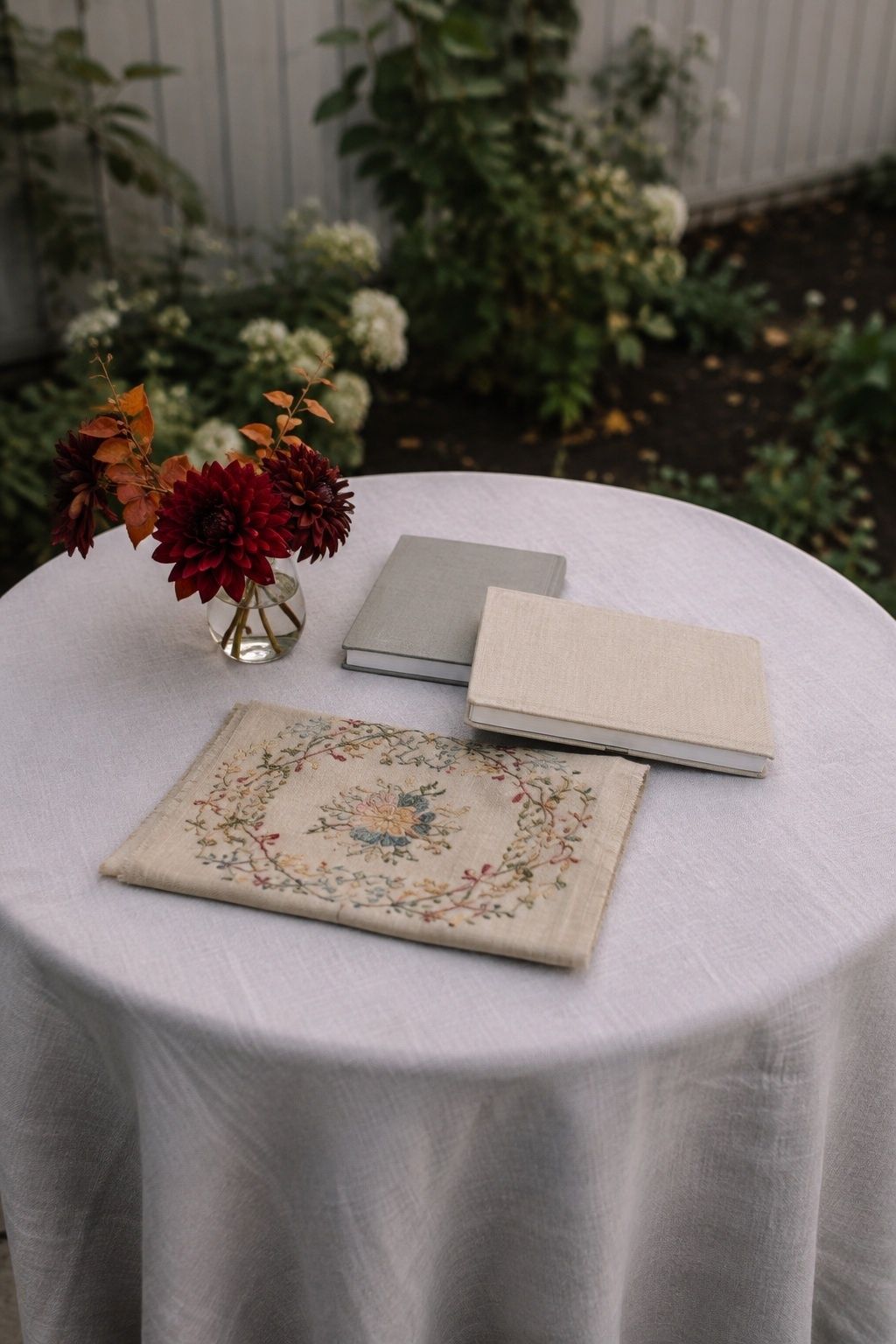 Linen vow books and a family textile on a simple ceremony table