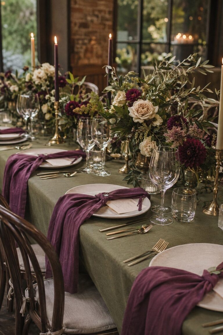 Plum, Olive, And Warm Cream fall wedding color palette table and planning detail