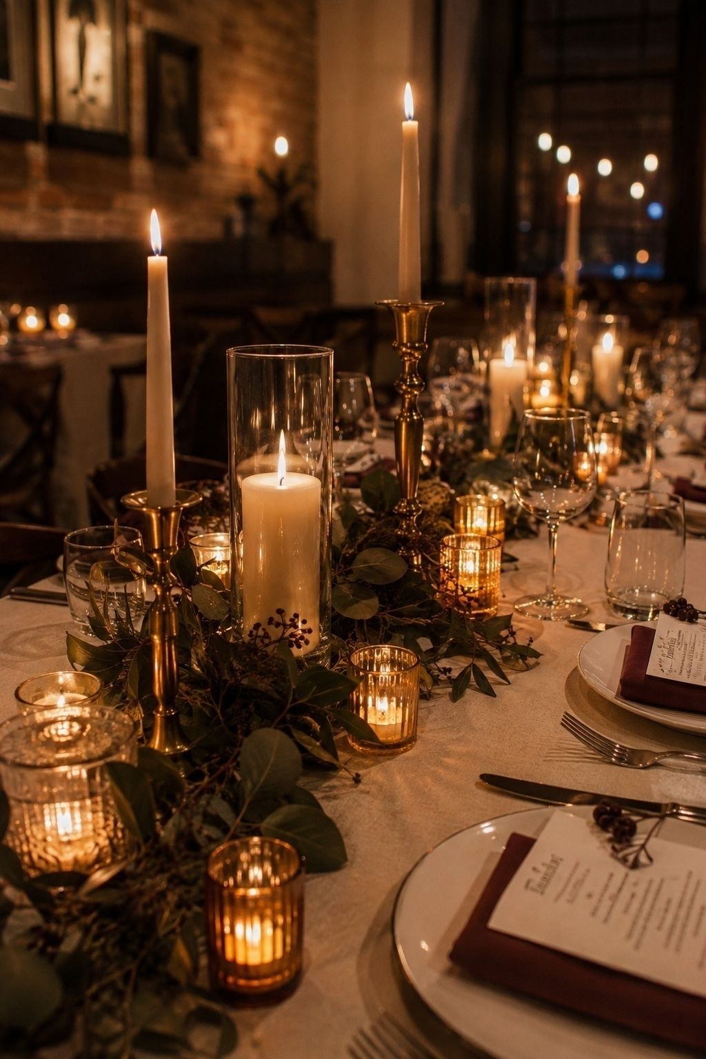Candlelight as the main decor at an evening fall wedding