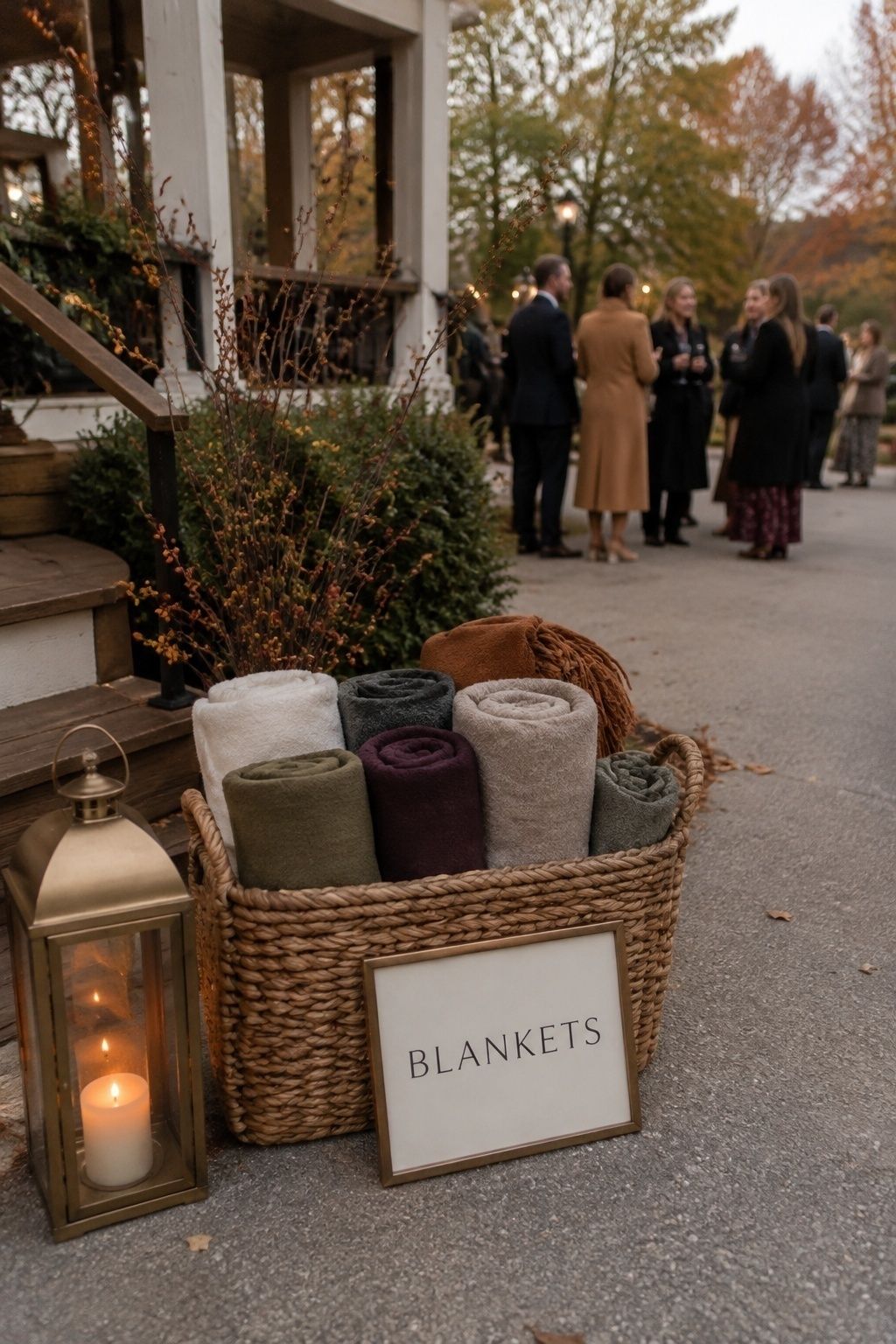Basket of blankets styled for guests at a fall wedding