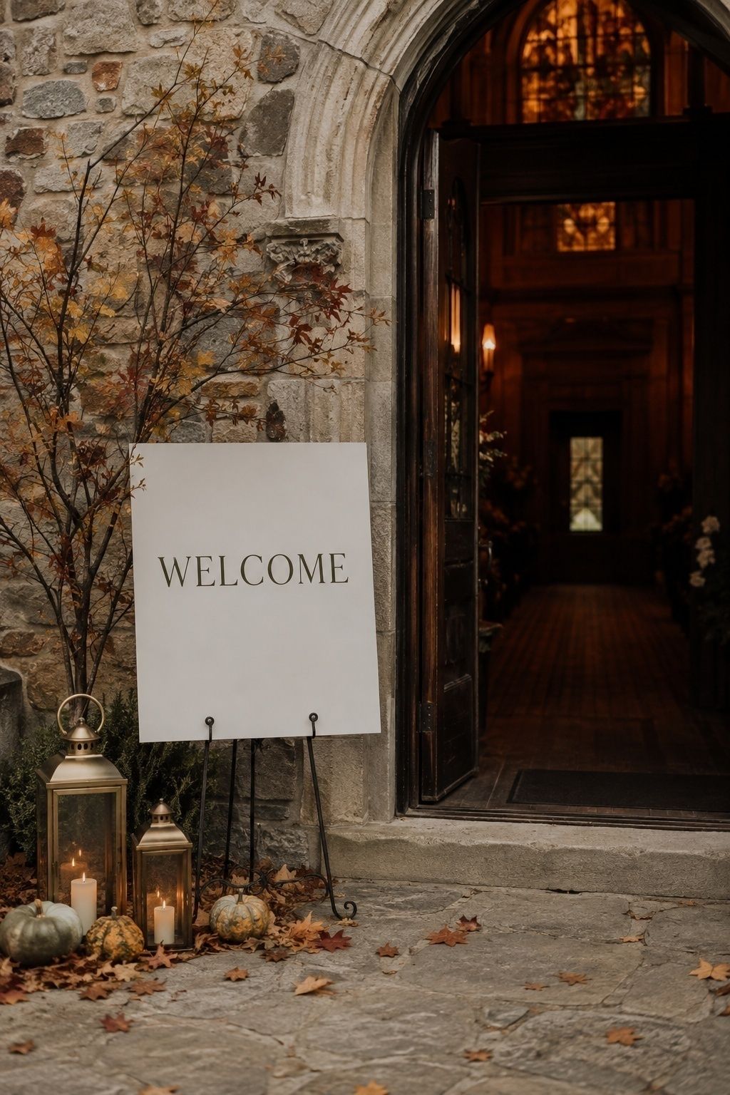 Welcome sign framed beside the entrance, not blocking it
