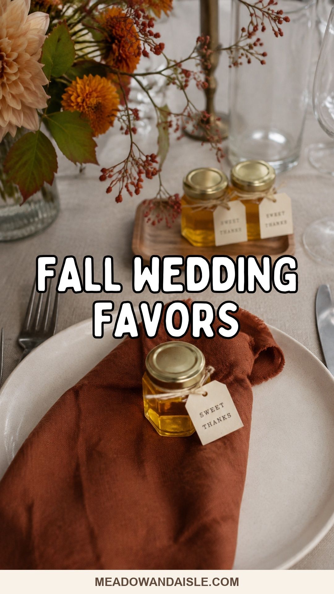 Fall wedding favors pin with honey jars and autumn flowers
