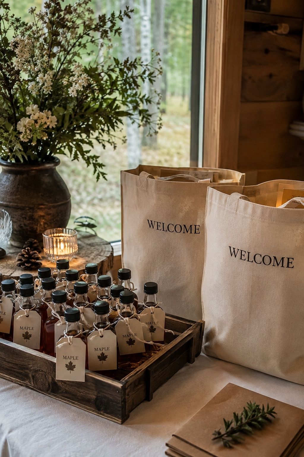 Mini maple syrup bottles beside wedding welcome bags