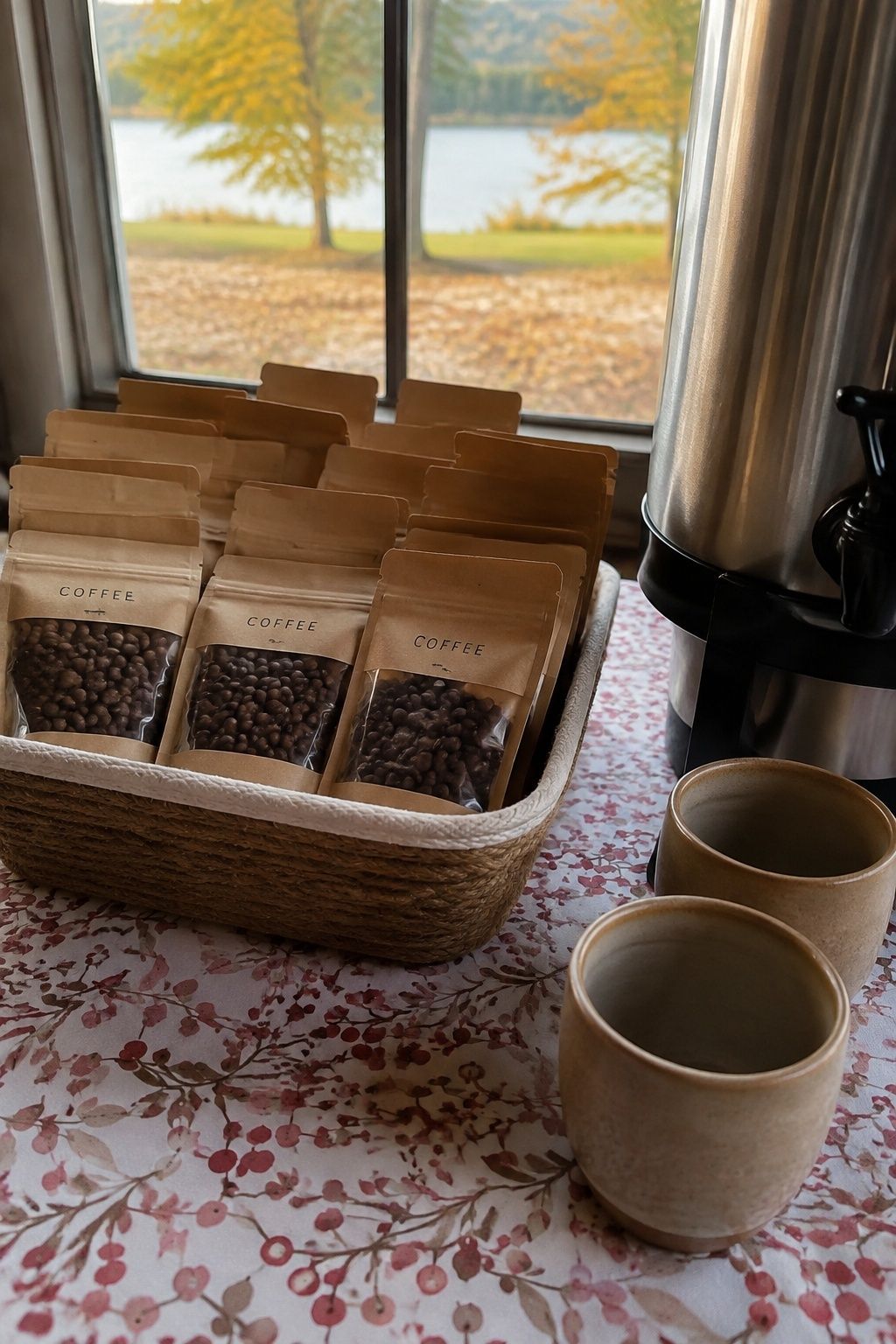 Sealed coffee bean favor bags at a wedding coffee station