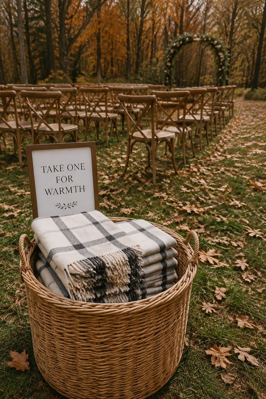 Folded plaid blanket favors beside a fall ceremony entrance
