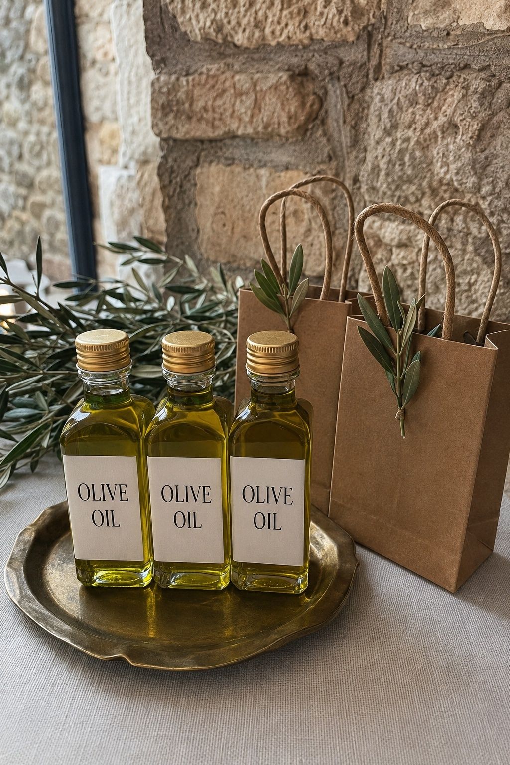 Mini olive oil favor bottles with kraft carrying bags