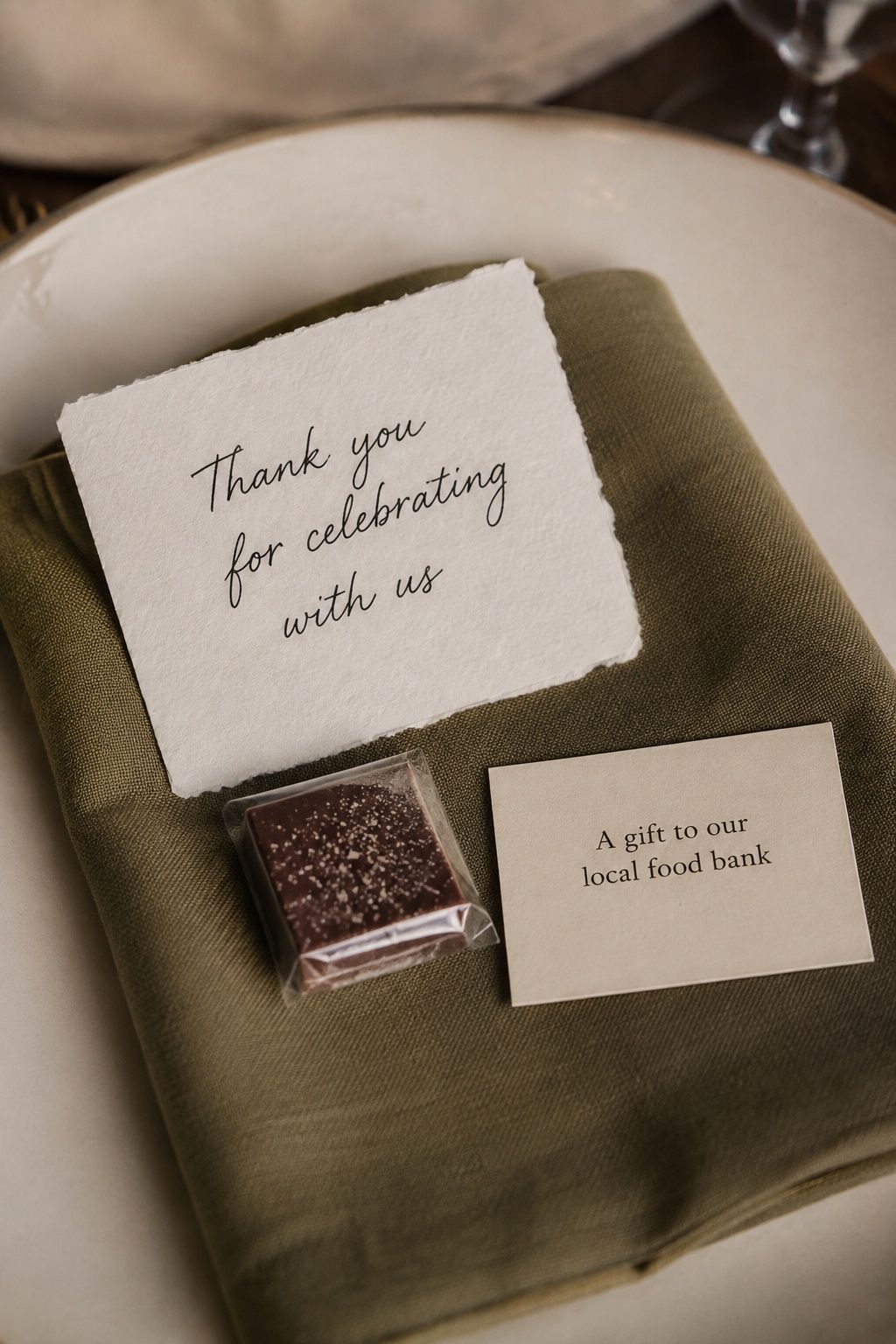Handwritten thank-you and donation cards paired with chocolate