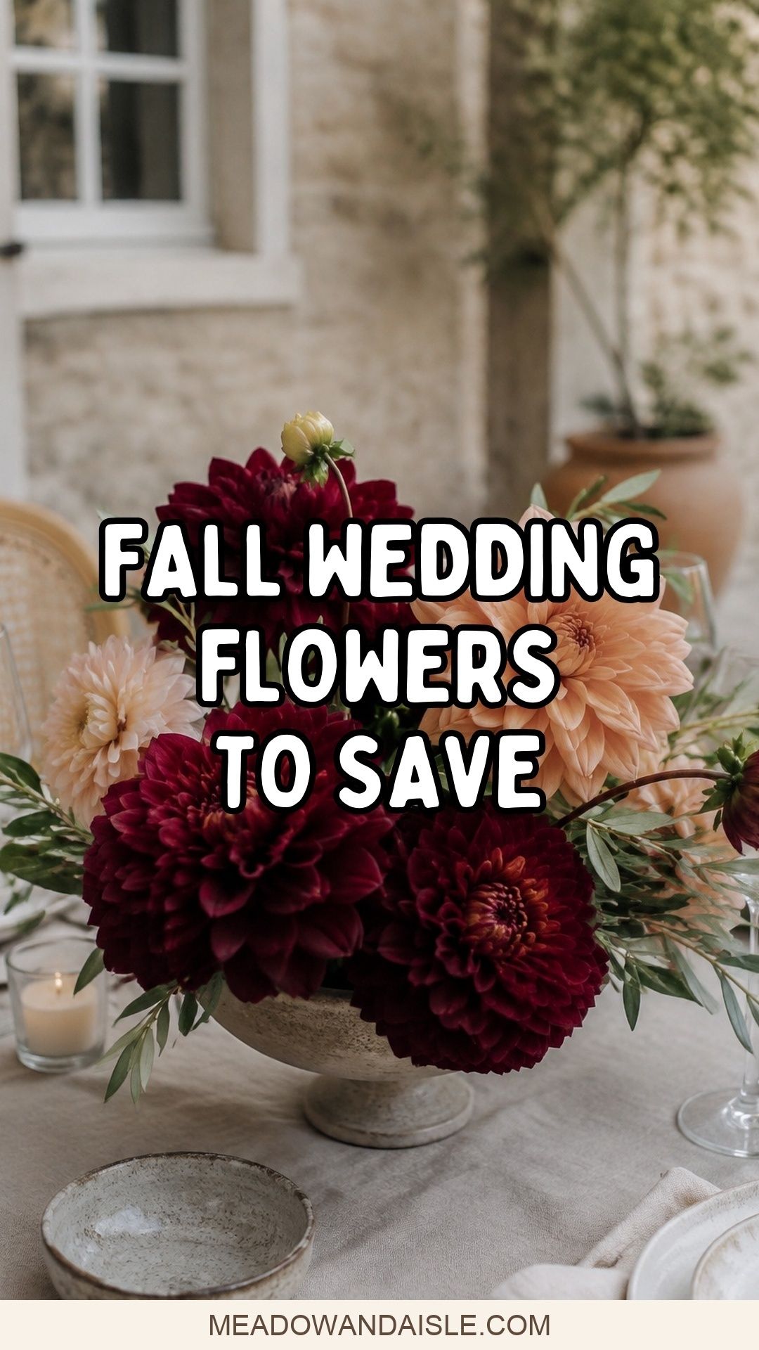 Fall wedding flowers pin with burgundy and peach dahlias