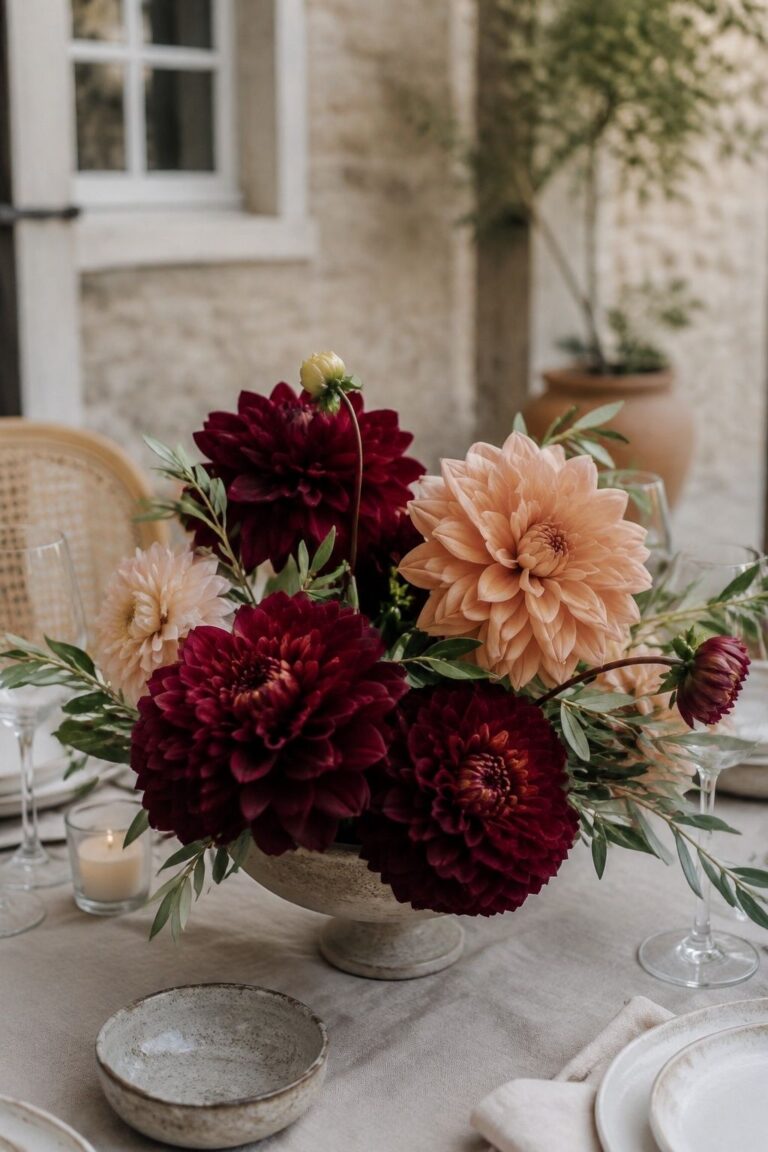 Burgundy and peach dahlias in a low wedding compote