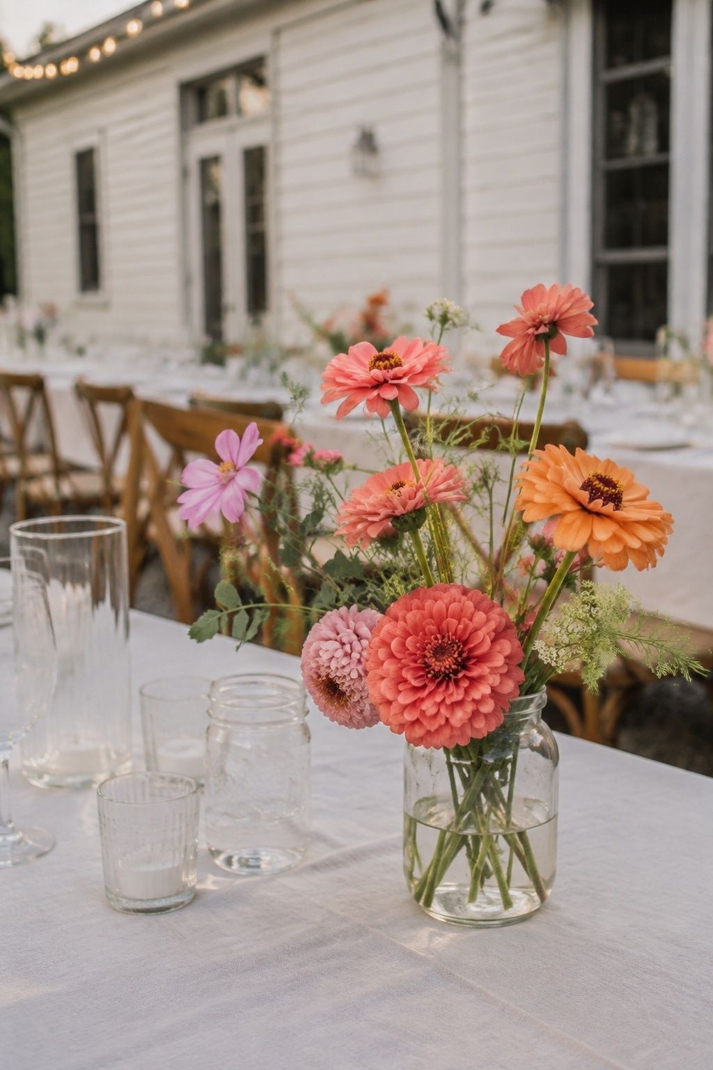 Coral and apricot zinnias at a backyard wedding table