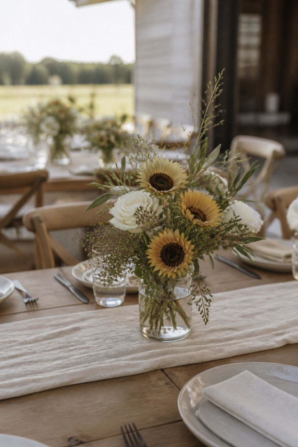 Small golden sunflowers with cream roses and greenery