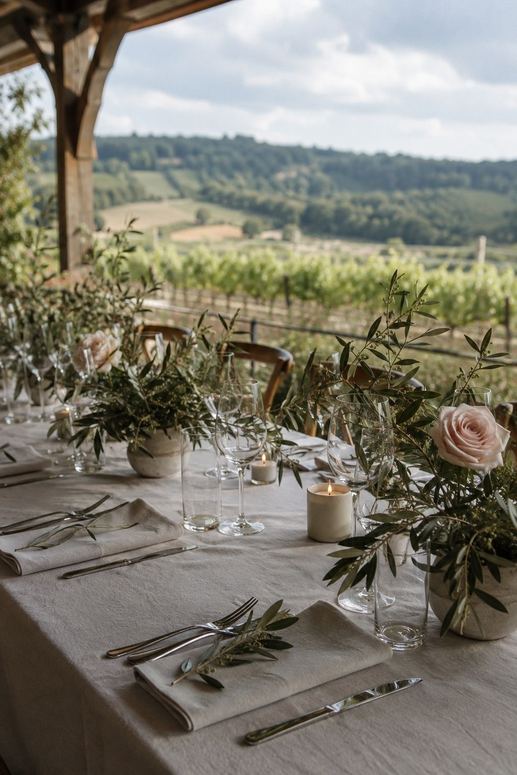 Olive branches and blush roses at a winery wedding table