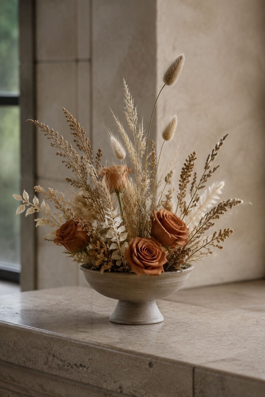 Bunny tails, wheat and millet in a small floral compote