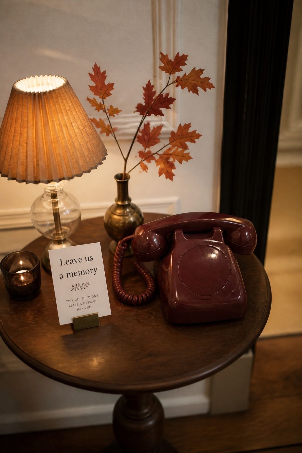 Burgundy audio guest book phone in a quiet autumn reception corner