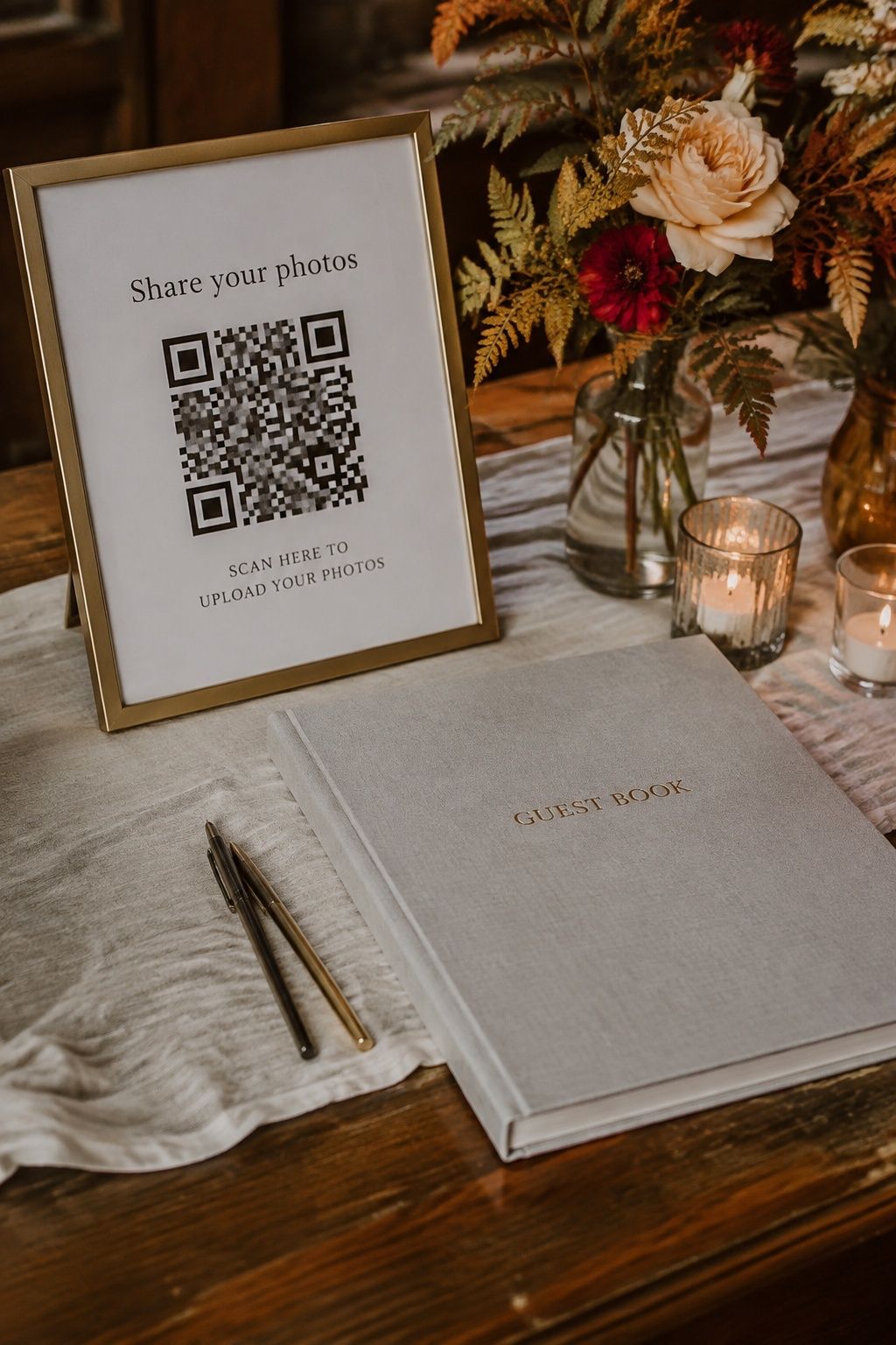 Framed photo-sharing QR sign beside a traditional guest book