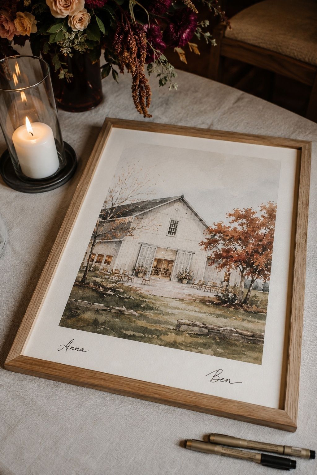Autumn venue watercolor with wide margins for guest signatures