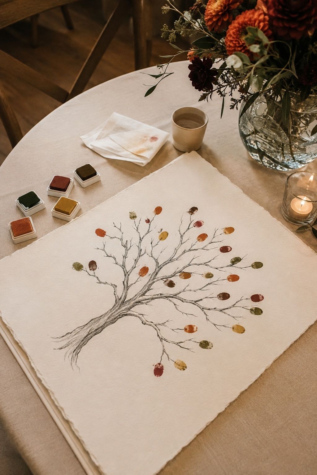 Thumbprint tree with autumn ink pads and cleanup supplies