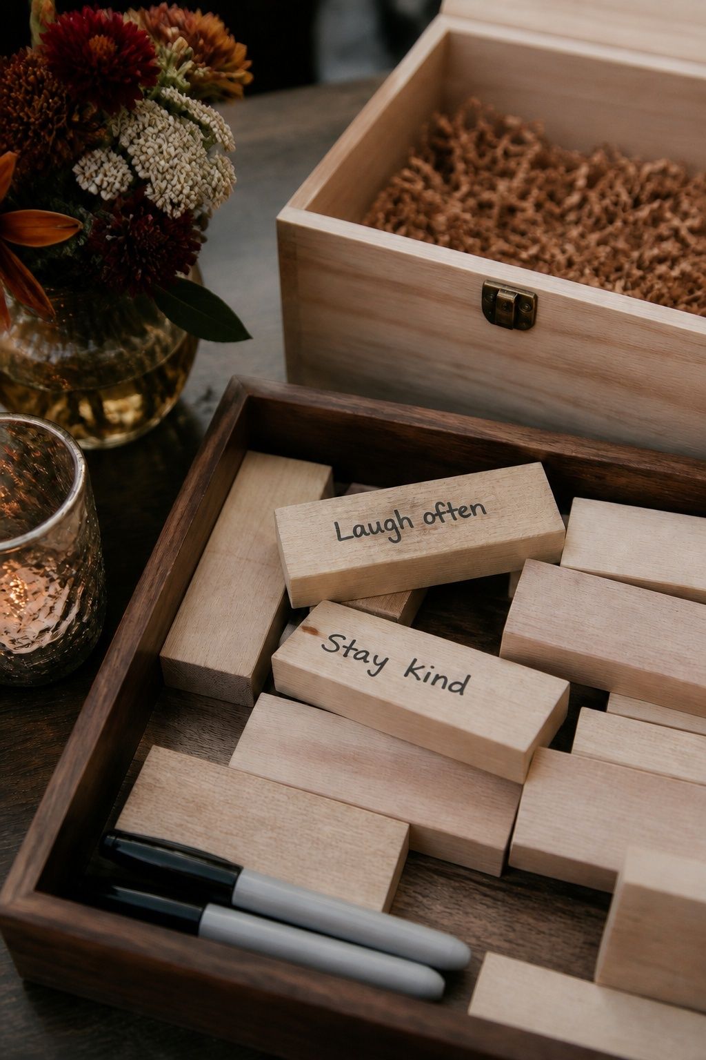 Signed wooden stacking blocks in a tray with plain markers