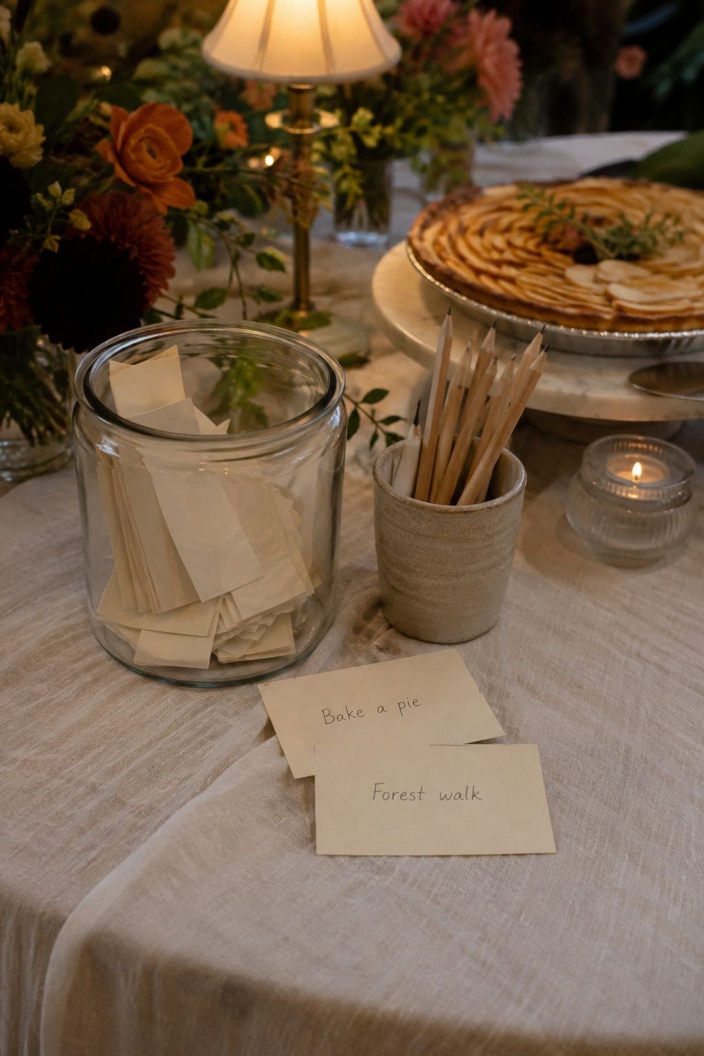 Date-night idea jar with cards beside a fall wedding dessert table