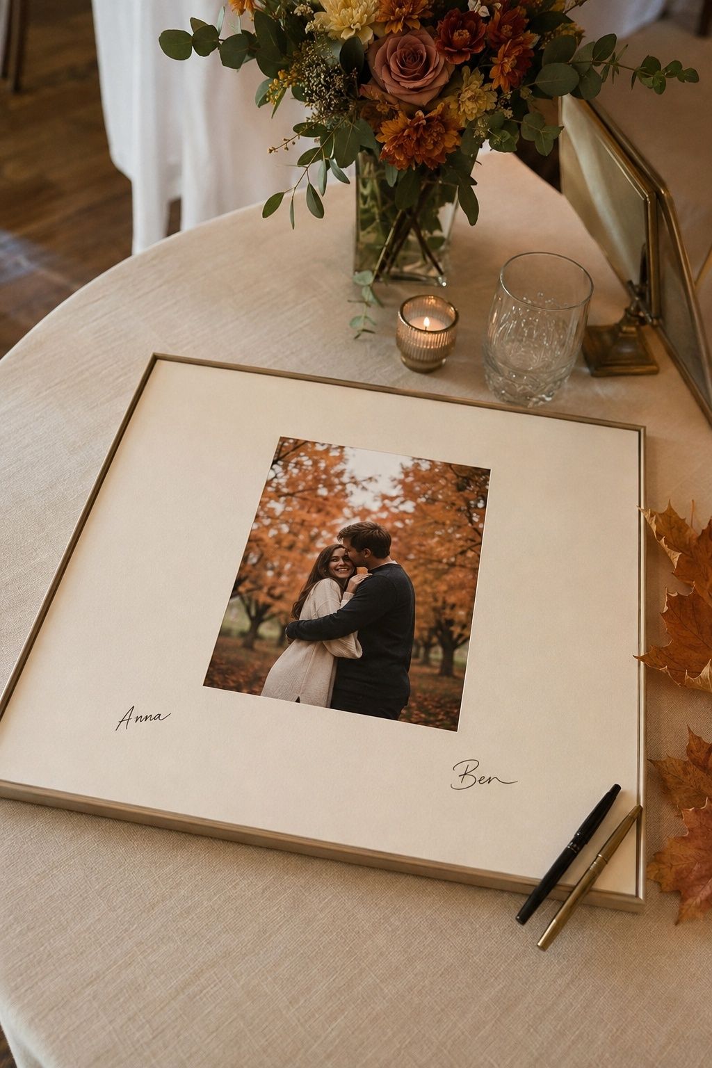 Engagement photograph in a wide ivory mat for guest signatures