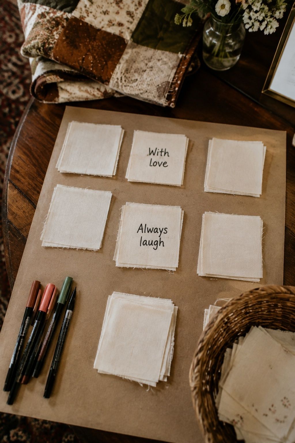 Cotton quilt squares with short wishes and fabric pens