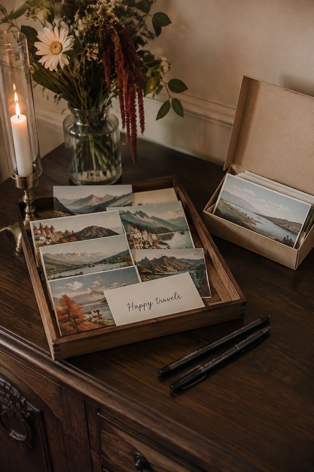 Vintage scenic postcards and a keepsake collection box