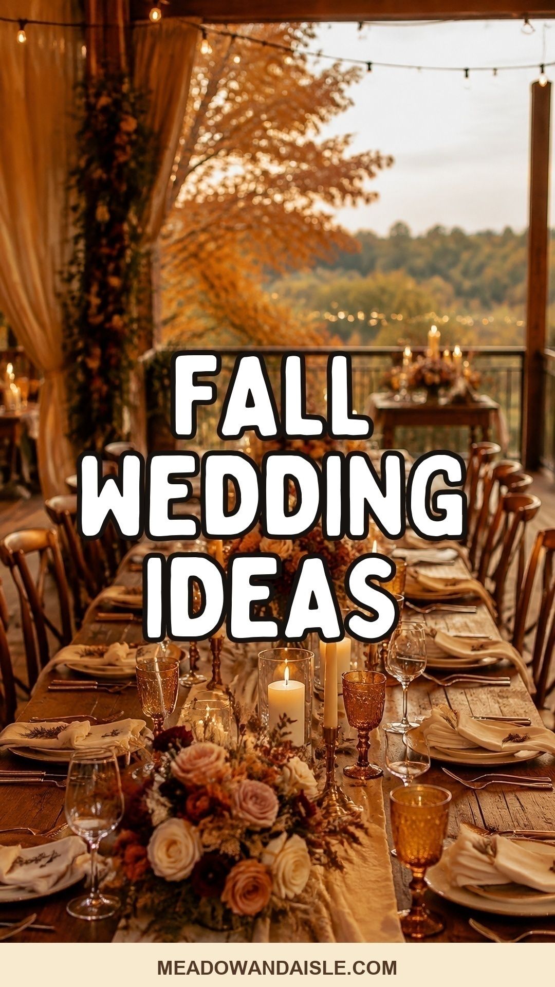 Pinterest pin for fall wedding ideas with a candlelit autumn wedding table