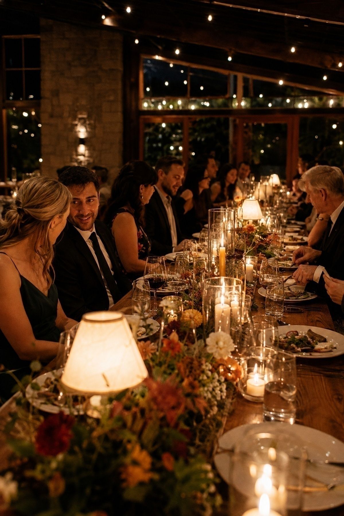 Candlelit fall reception after sunset