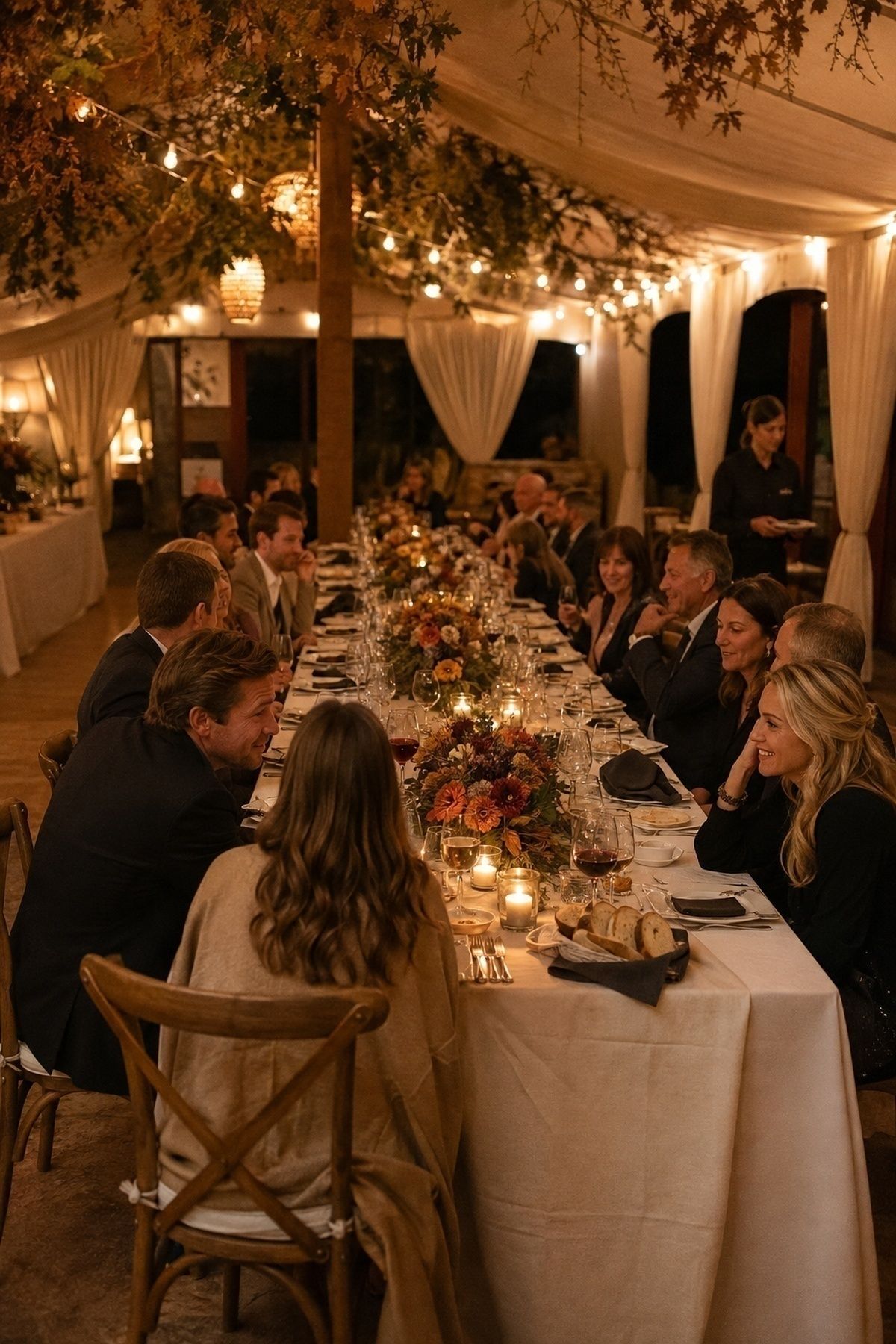 Long reception tables set for conversation