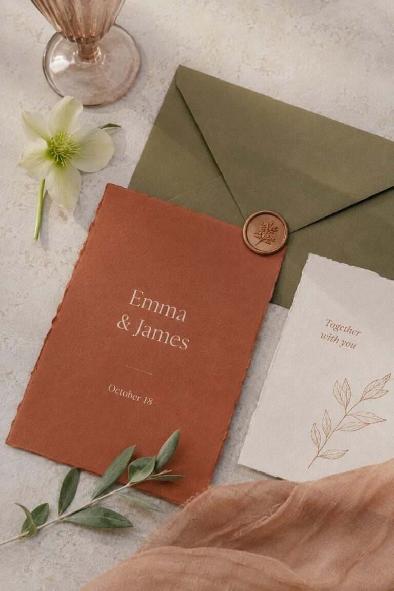 muted terracotta invitation and olive envelope, warm ivory details card, small cream flower and sage sprig. Dominant terracotta and olive palette