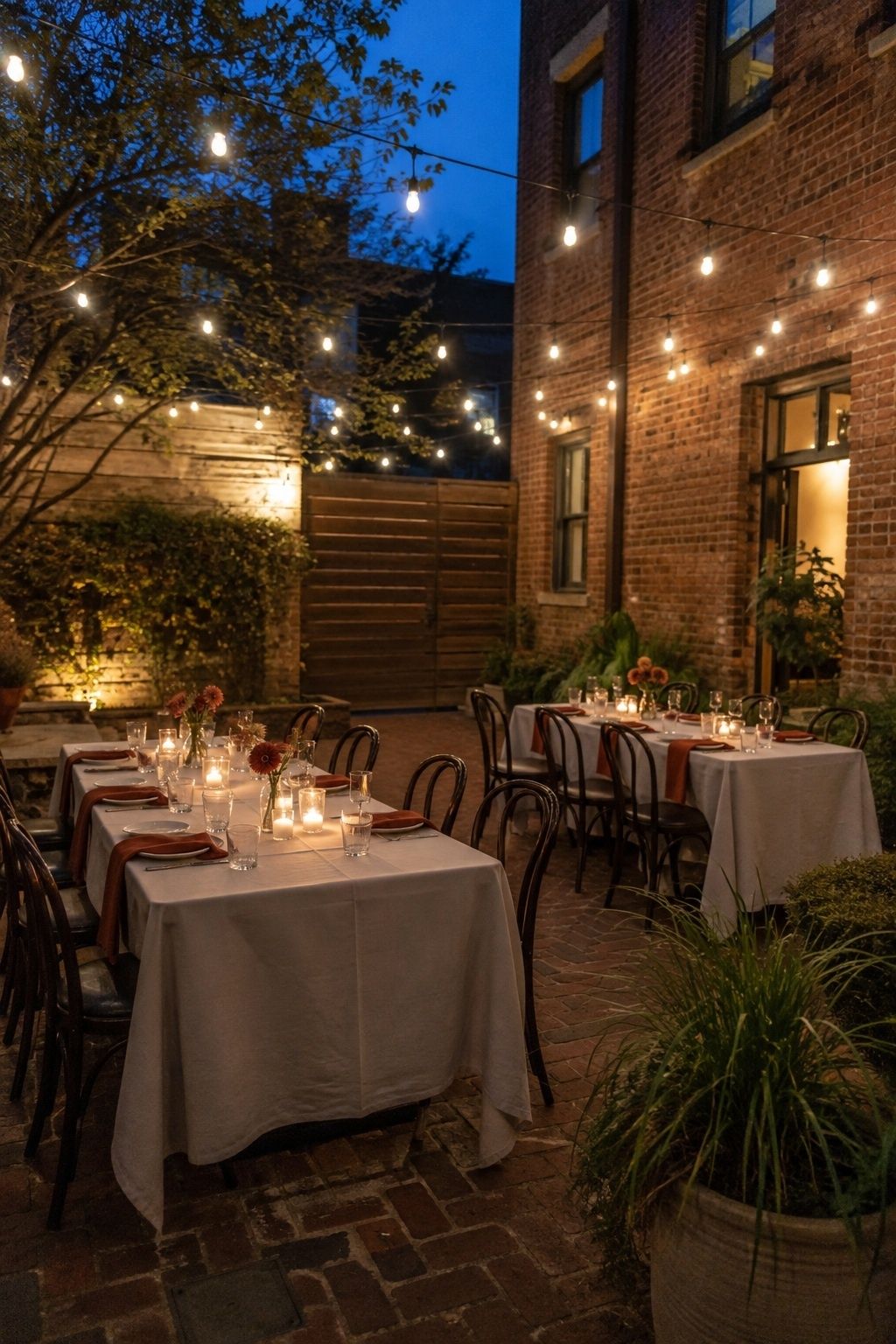 Wide eye-level view of two modest eight-seat dinner tables under correctly anchored bistro string lights in a brick courtyard at autumn blue hour