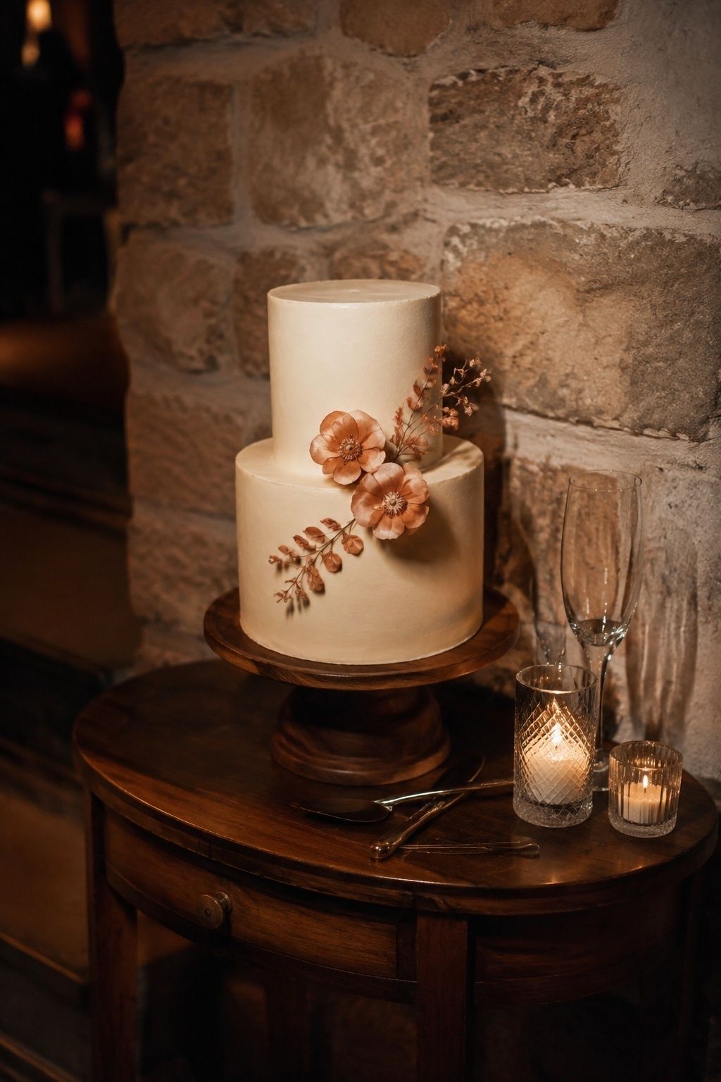 Three-quarter close photo of a two-tier ivory wedding cake with a few copper-toned sugar flowers on a small wooden cake table