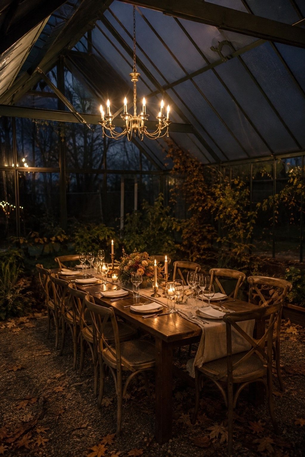 Wide vertical photo inside a small greenhouse at autumn dusk with one modest brass chandelier correctly suspended from a structural beam over a single twelve-seat wedding dinner table