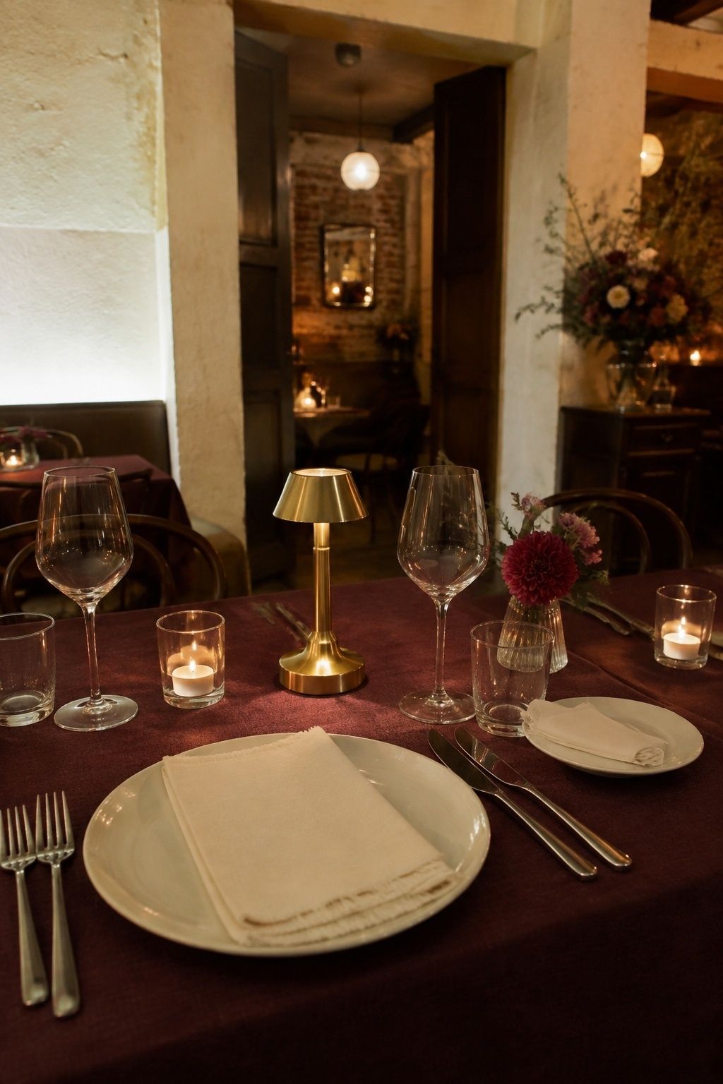 Seated eye-level view across an intimate restaurant wedding dinner table with a compact cordless brass table lamp