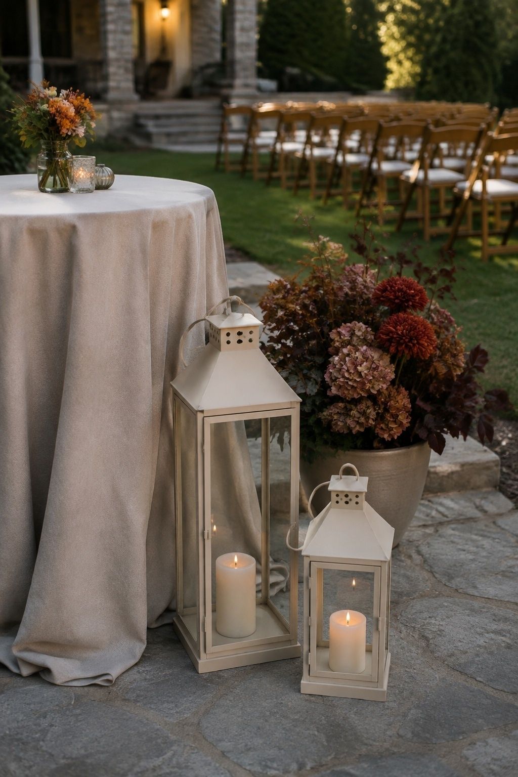 Medium view of two portable cream metal LED ceremony lanterns repurposed beside a linen cocktail table at the edge of a small wedding garden