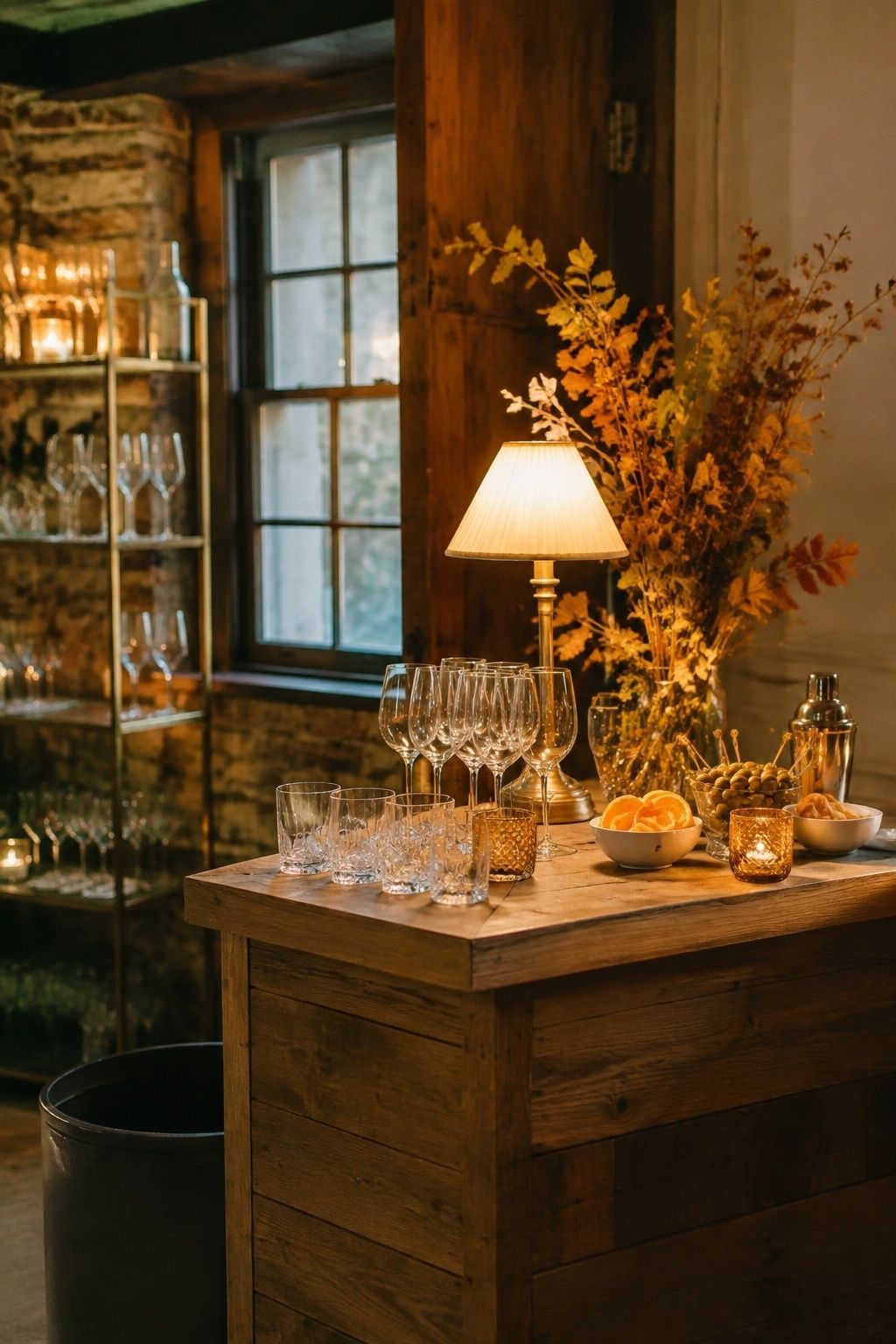 Medium eye-level photo of a compact wooden wedding bar with a small warm shaded lamp clearly illuminating clean glasses and orange garnish bowls