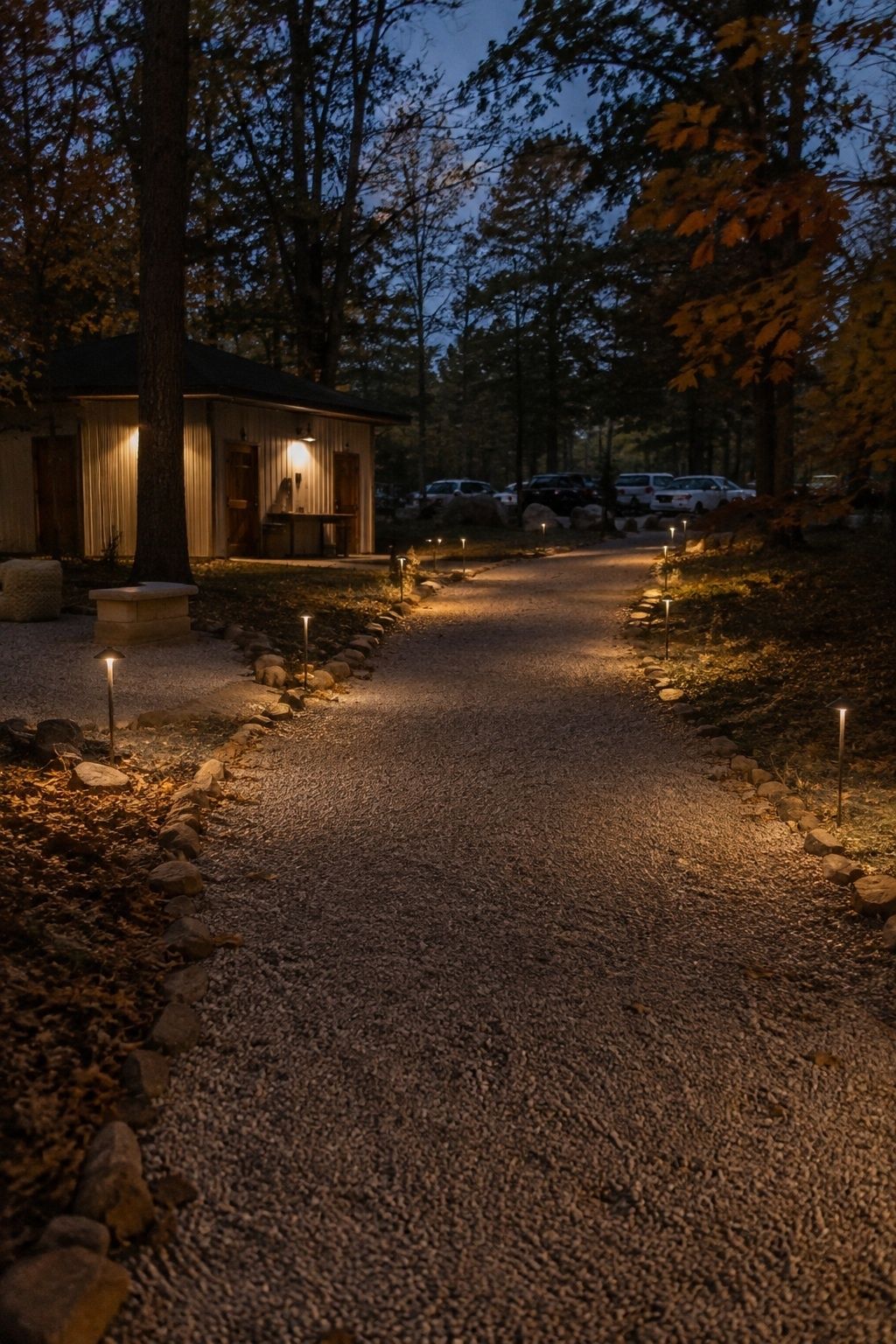 Wide view of an accessible level gravel route from a small autumn wedding reception toward a lit restroom cottage and distant parking area