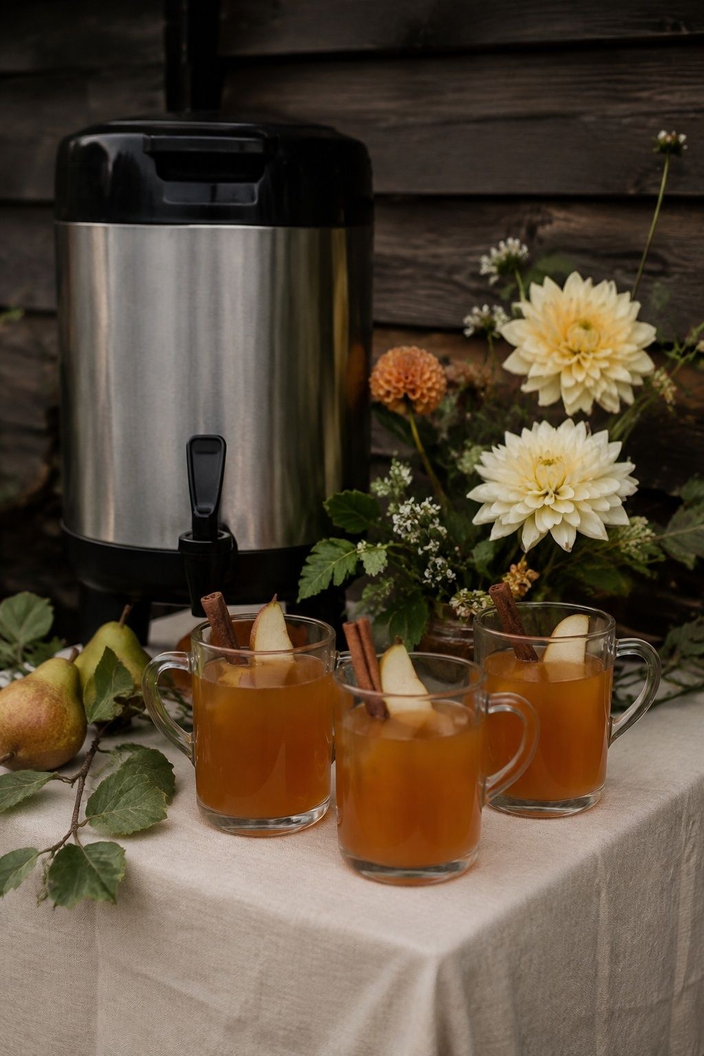 Welcoming orchard wedding drink station, three clear handled mugs of amber hot cider with cinnamon sticks and pear garnish on a linen-covered small table, stainless insulated dispenser behind, low dahlias