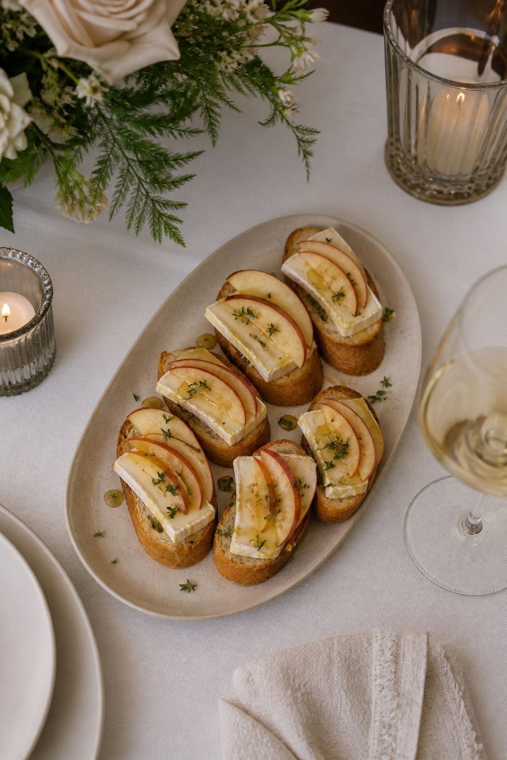 Apple and brie crostini on an oval ceramic passing platter, visibly crisp baguette slices topped with creamy brie, thin red apple slices, a little honey and thyme