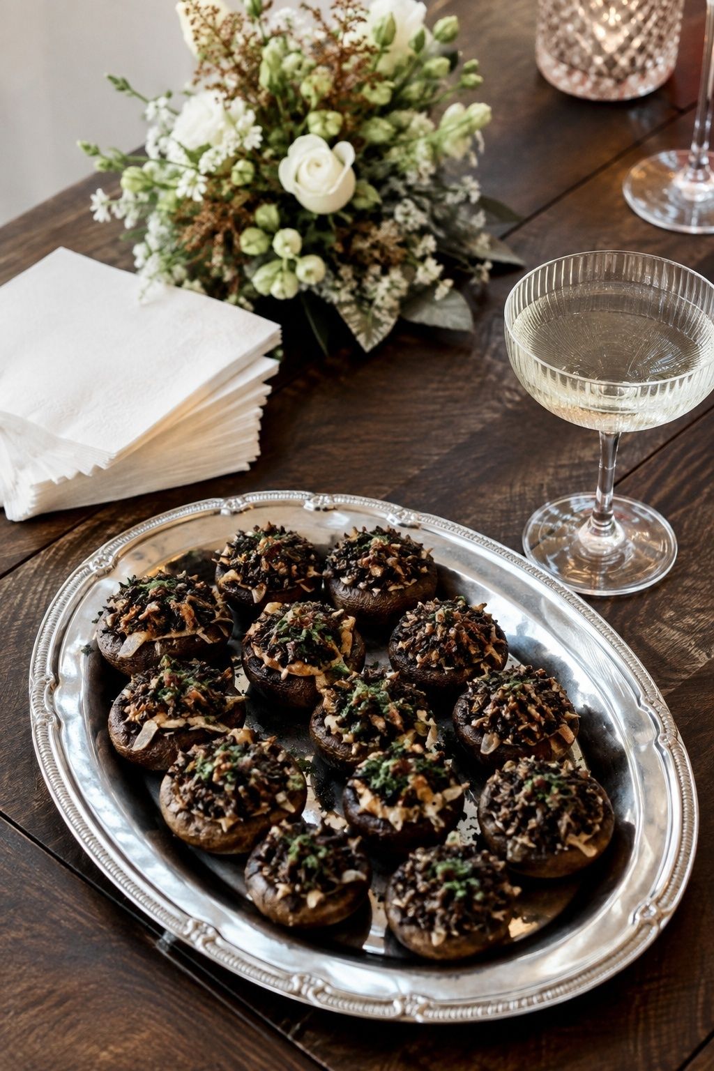 Small silver tray of warm stuffed cremini mushrooms filled with wild rice, herbs and roasted shallots, detailed natural mushroom textures, folded cocktail napkins and small wedding floral posy behind, low diagonal view