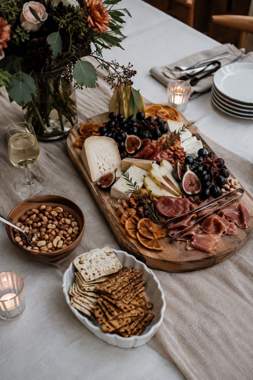 Autumn wedding grazing board for a small reception with cheeses, cured meats, grapes, figs and pears, tongs, a separate bowl of nuts and separate gluten-free cracker dish