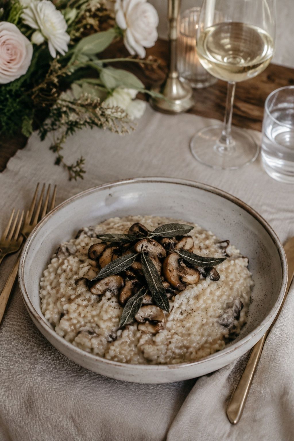 Creamy wild mushroom risotto as a generous vegetarian wedding entree in a shallow ceramic bowl, real arborio rice texture, browned mushrooms and crispy sage, modest linen wedding place setting, three-quarter close-up