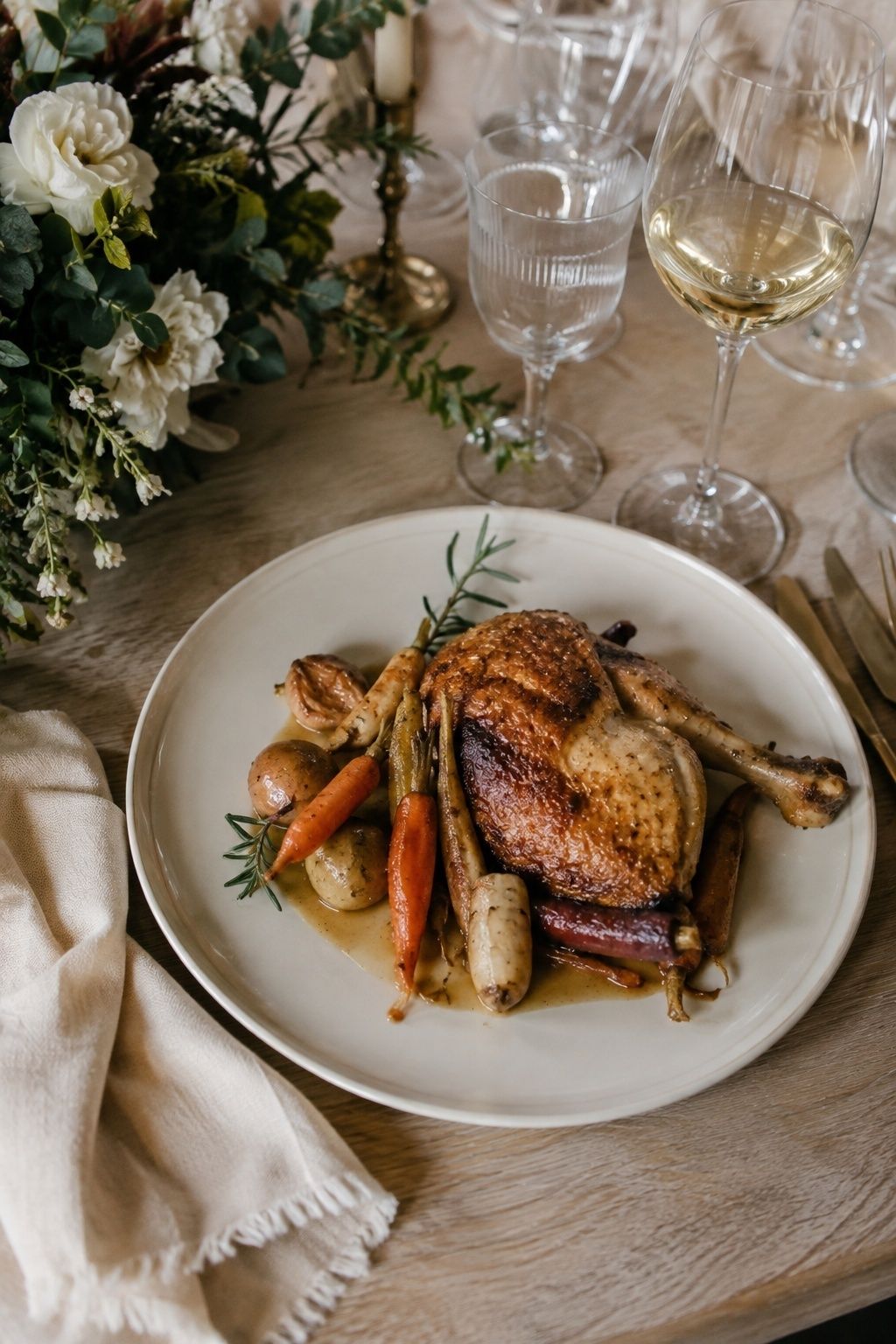 Herb-roasted chicken with crisp golden skin, colorful carrots and parsnips, small potatoes and controlled cider jus on an elegant ivory wedding dinner plate, rosemary, natural window light, elevated angle