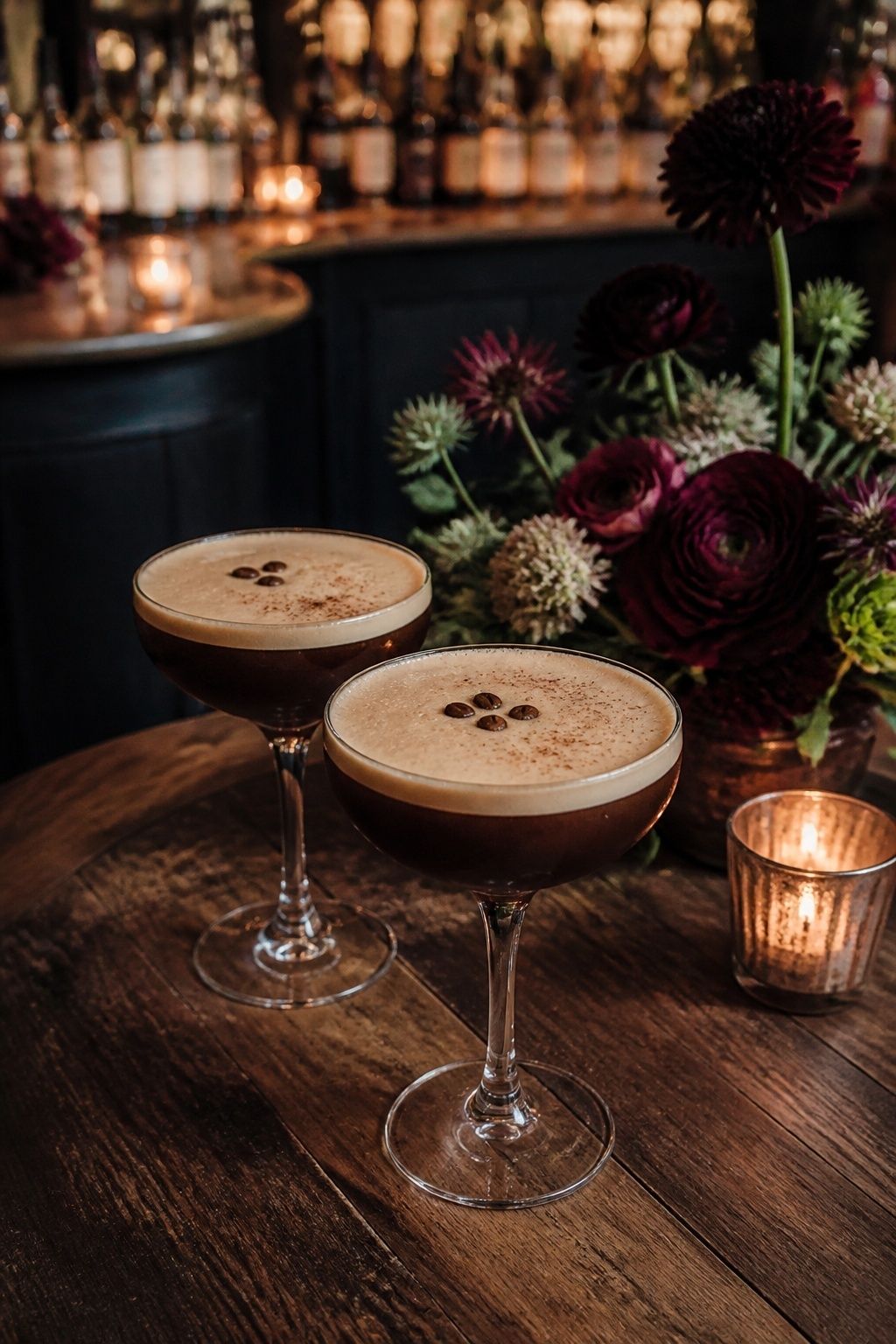 Two petite pumpkin spice espresso martinis in physically correct coupe glasses, fine tan foam with three coffee beans each and light cinnamon dust, evening wedding bar detail, dark wood and burgundy flowers, intimate eye-level view