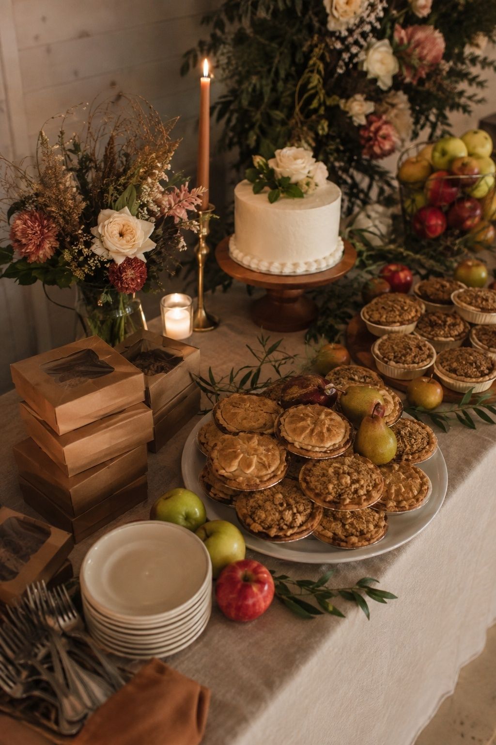 Intimate fall wedding dessert table with individual mini apple pies and small pear cobblers alongside a small one-tier cream-frosted wedding cake, empty mini pie boxes neatly stacked, fruit-forward sweet display, elevated wide view