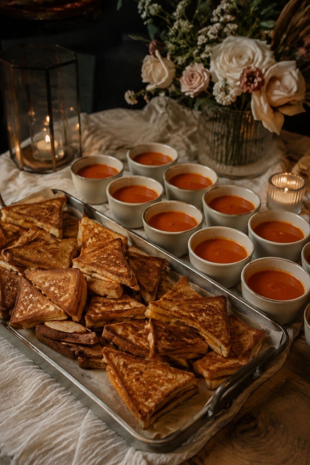 Tray of mini grilled cheese triangles with crisp golden bread and tomato soup in small ceramic cups at a late-night intimate wedding snack station by the dance floor, no people, warm indoor light, close three-quarter view