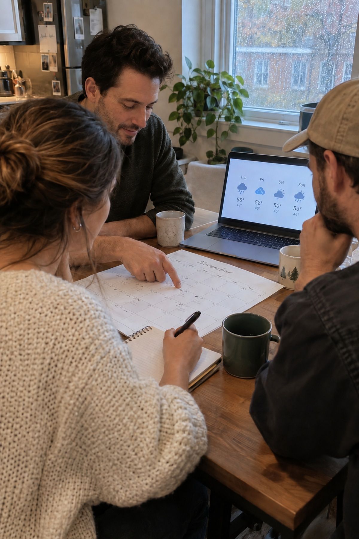 A couple and planner set a fall wedding rain decision deadline using a calendar and forecast.