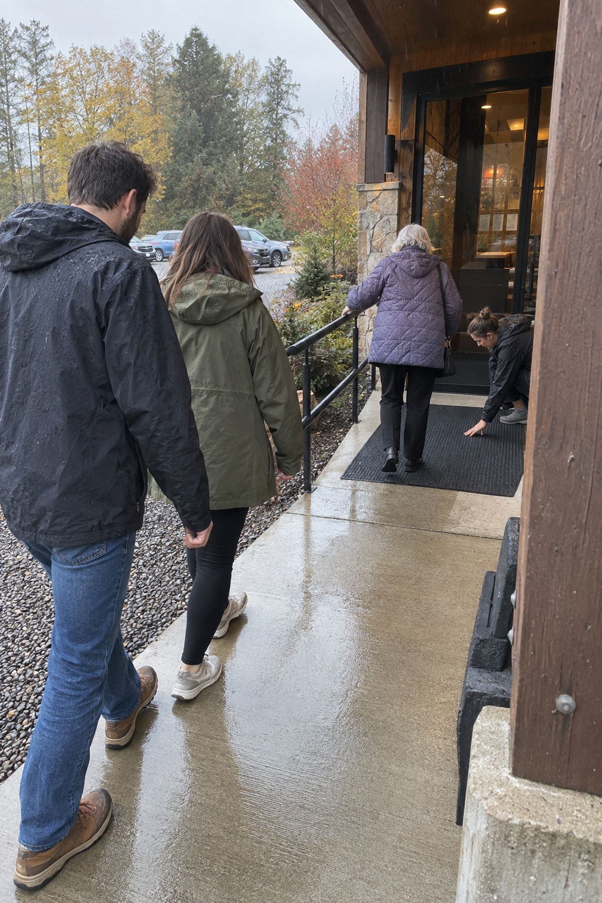 A couple and older relative test a covered guest route to a lodge before a rainy fall wedding.